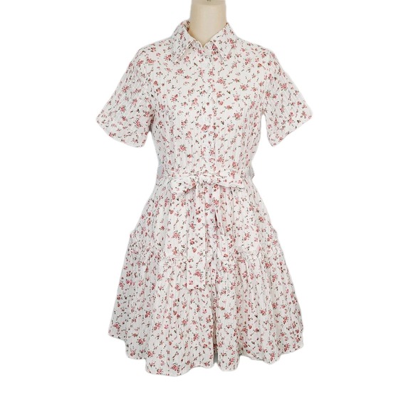 Ivy City Co Dresses & Skirts - Ivy City Co Lola Shirt Dress Pink‎ Floral Tiered Ruffle A-Line Button-Up 2XS